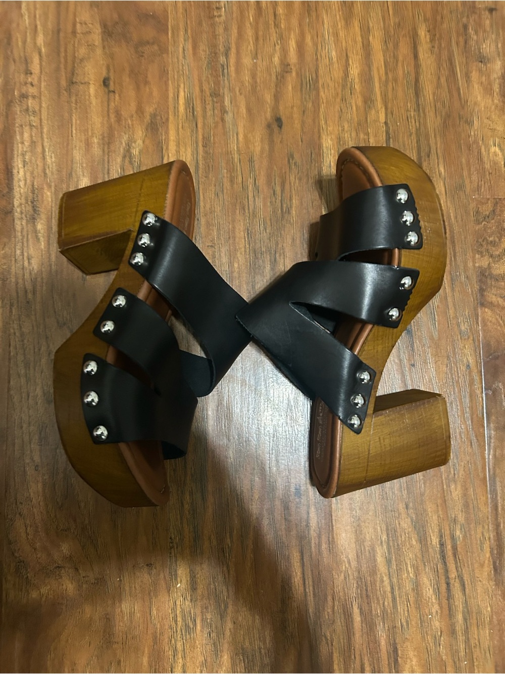 Black Leather Silver Studded Wood Platform Mules Slide-On Hippie Y2K Boho 90s - Picture 16 of 16
